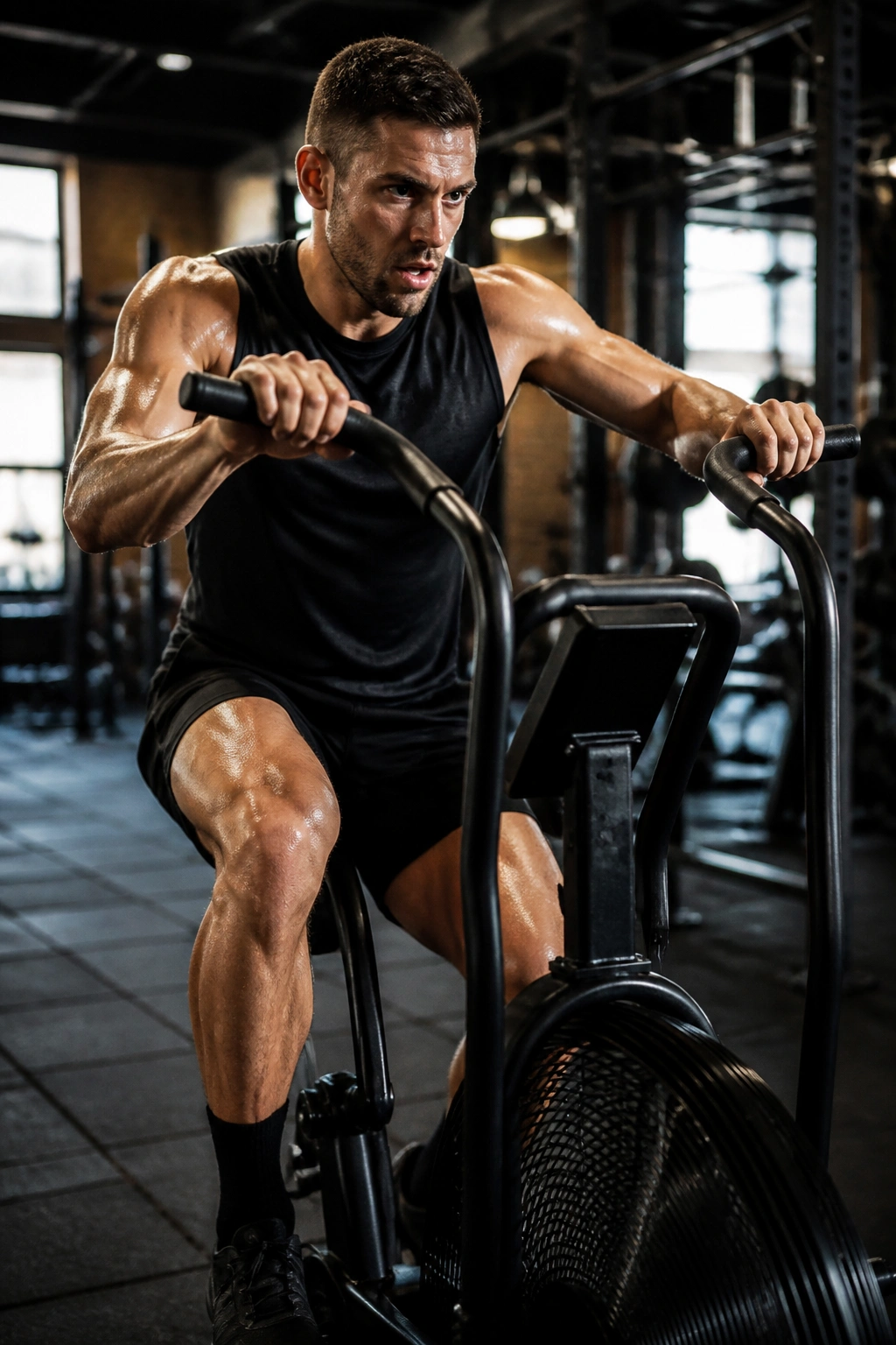 Athlete on assault bike pedaling hard in gym