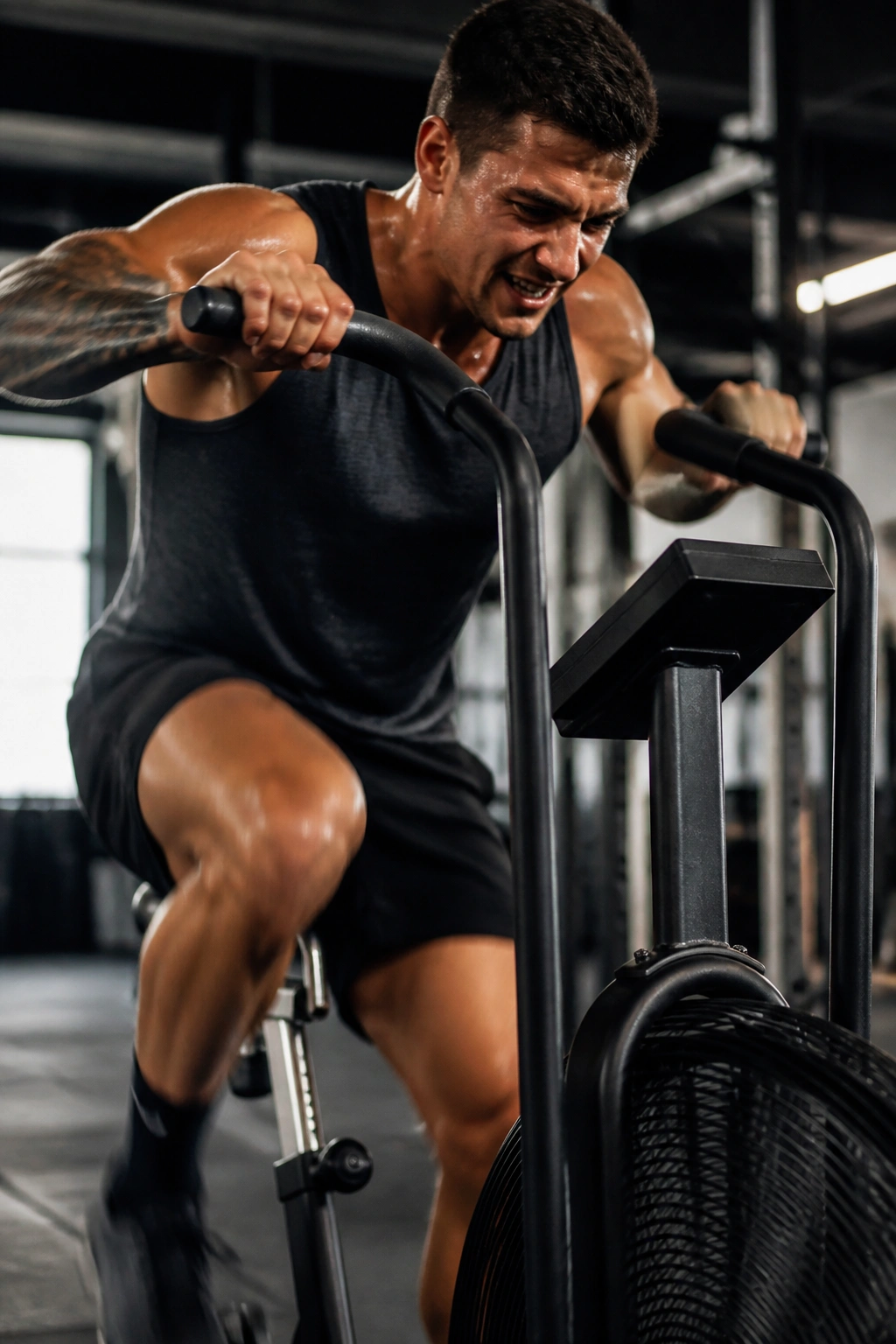 Rider on an assault bike during a high-intensity gym sprint