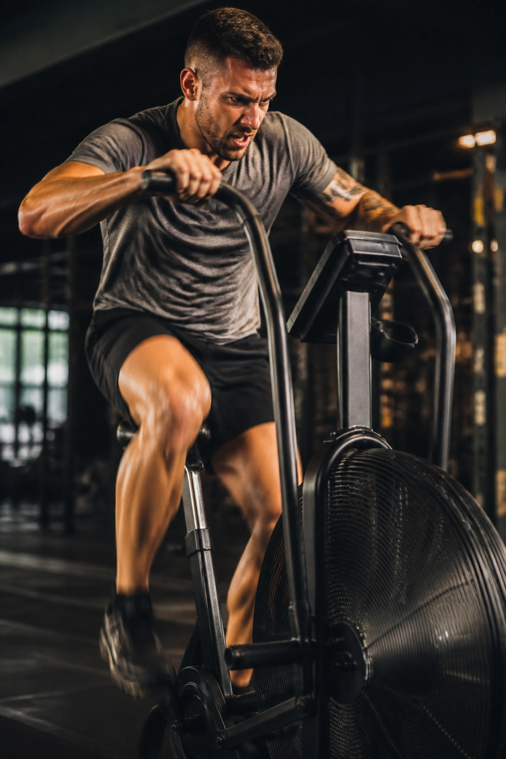 Athlete on an assault bike during high-intensity intervals