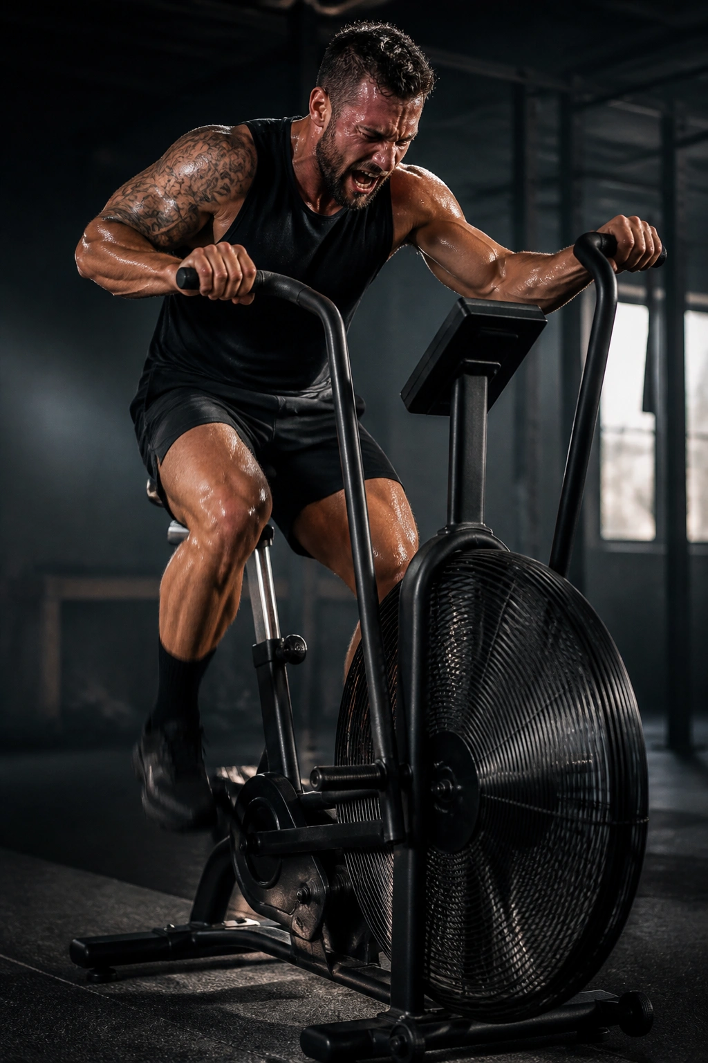 Rider on Assault Bike during high-effort interval in gym