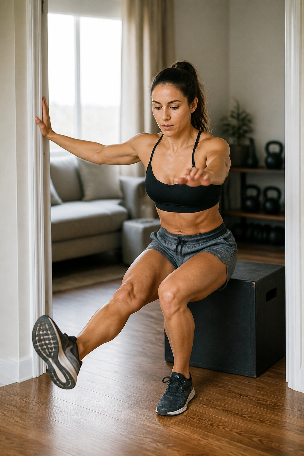 Real person performing an assisted pistol squat to a box in a home gym.