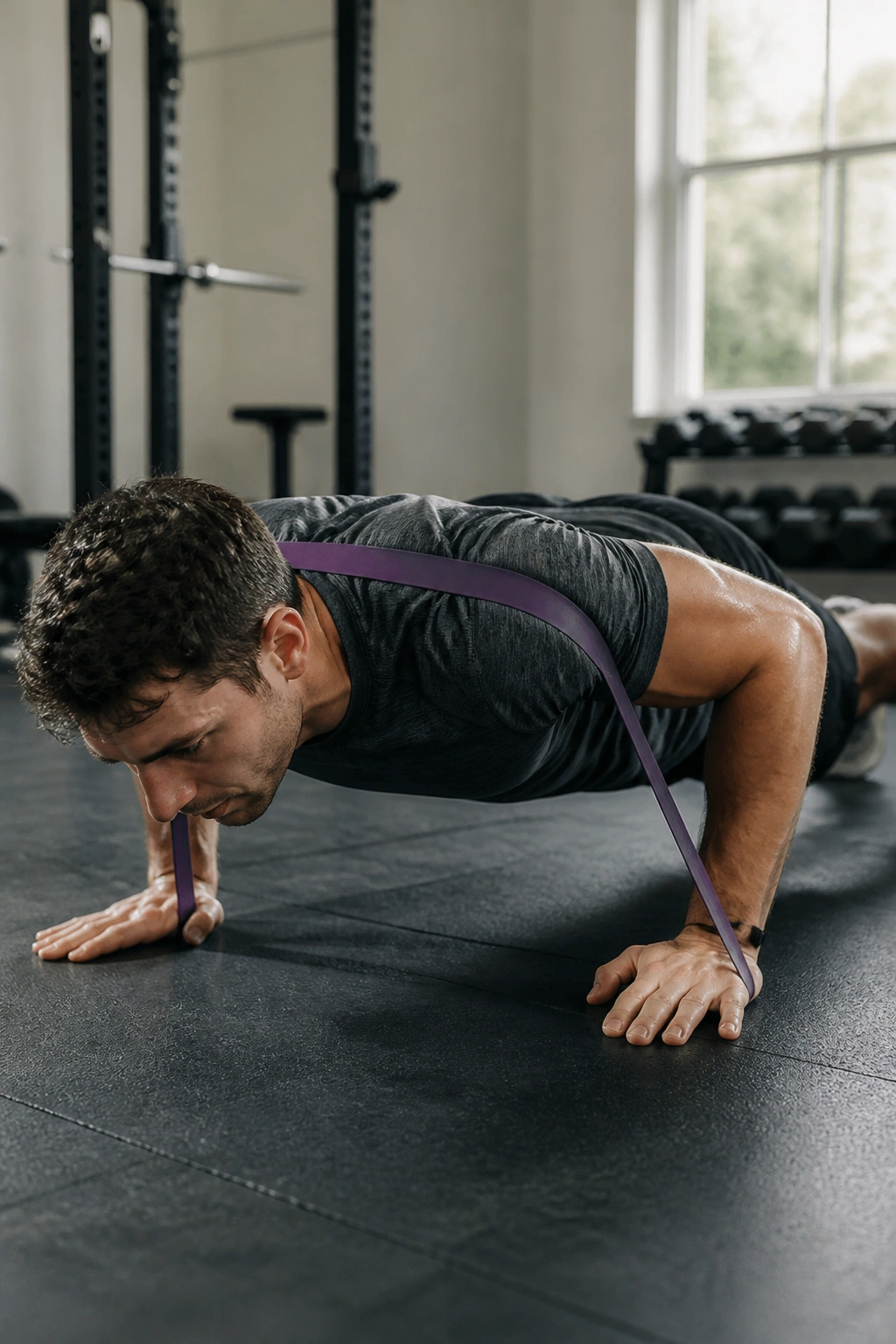 Real person performing assisted push-ups with band providing lift