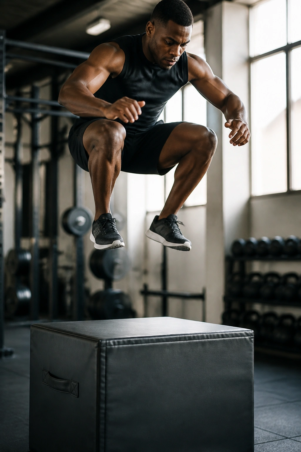 Athlete performing box jump to train power and speed in gym