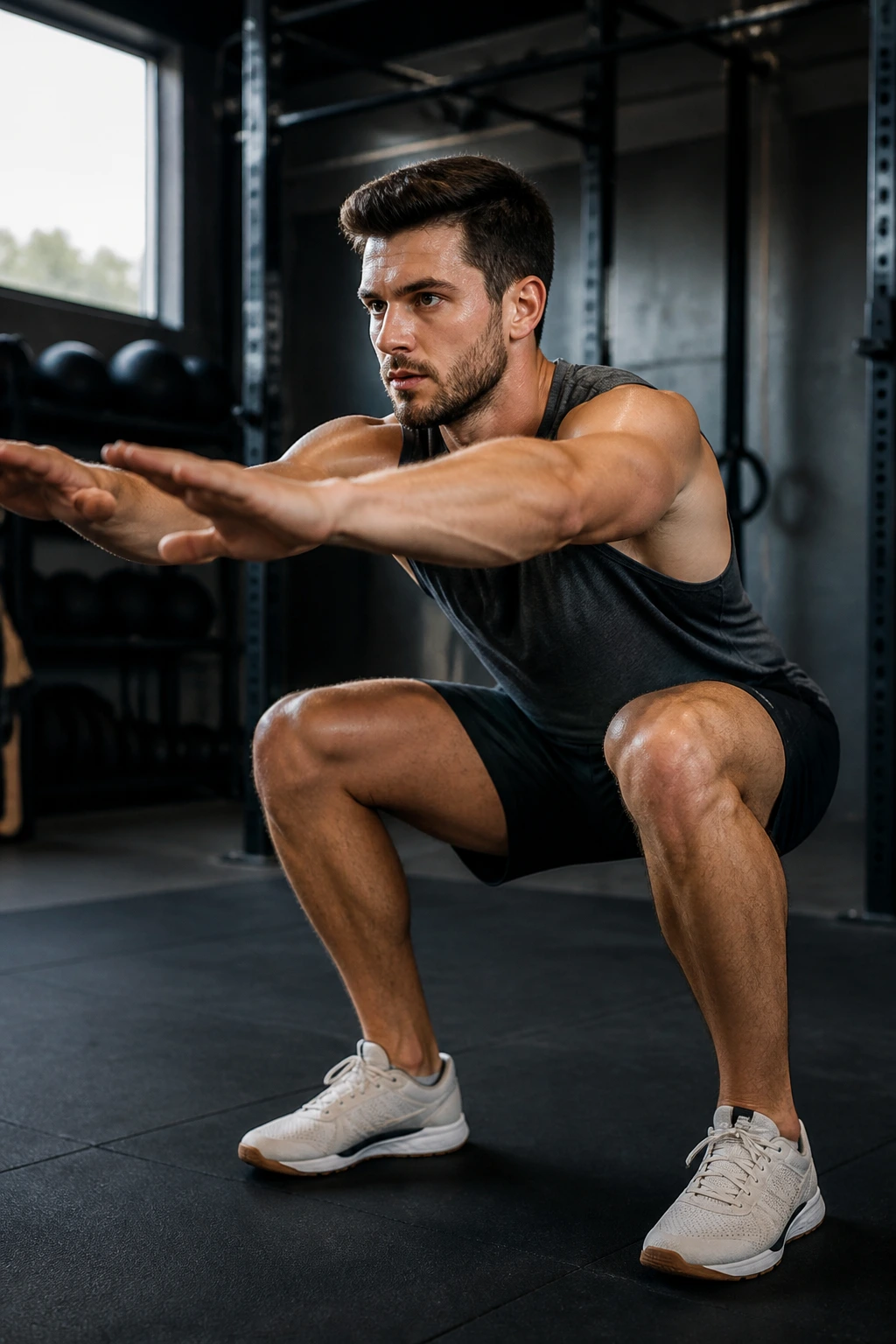 Athlete performing a jump squat in a gym