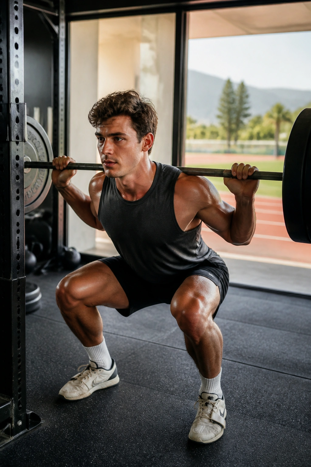 Athlete performing barbell squats in a gym with conditioning backdrop