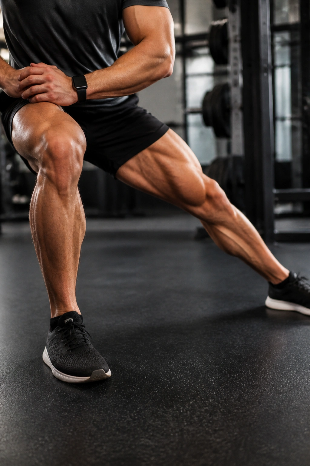 Close-up of trained athlete performing lateral lunge in gym