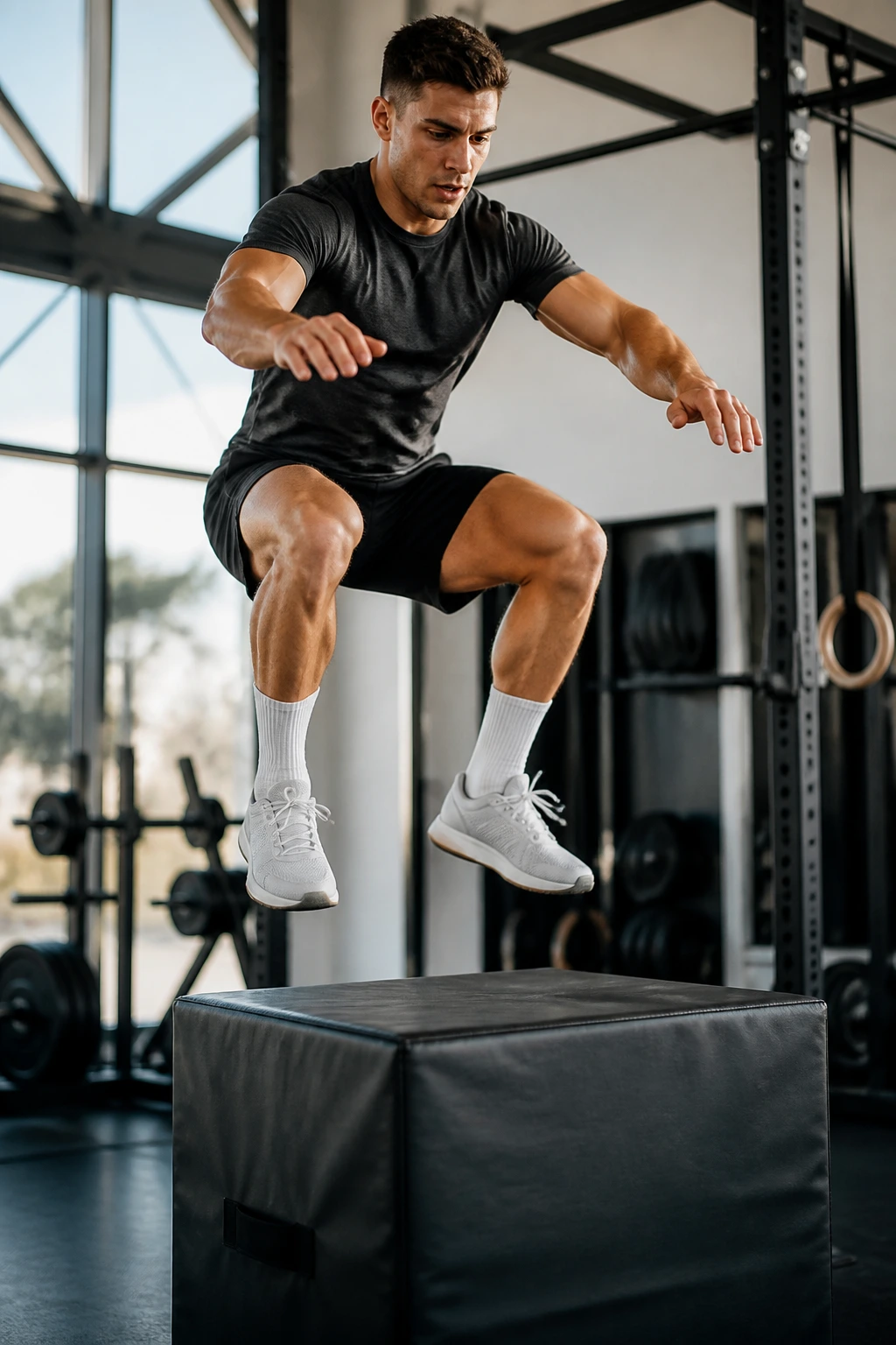 Athlete performing box jump in a gym with focused expression