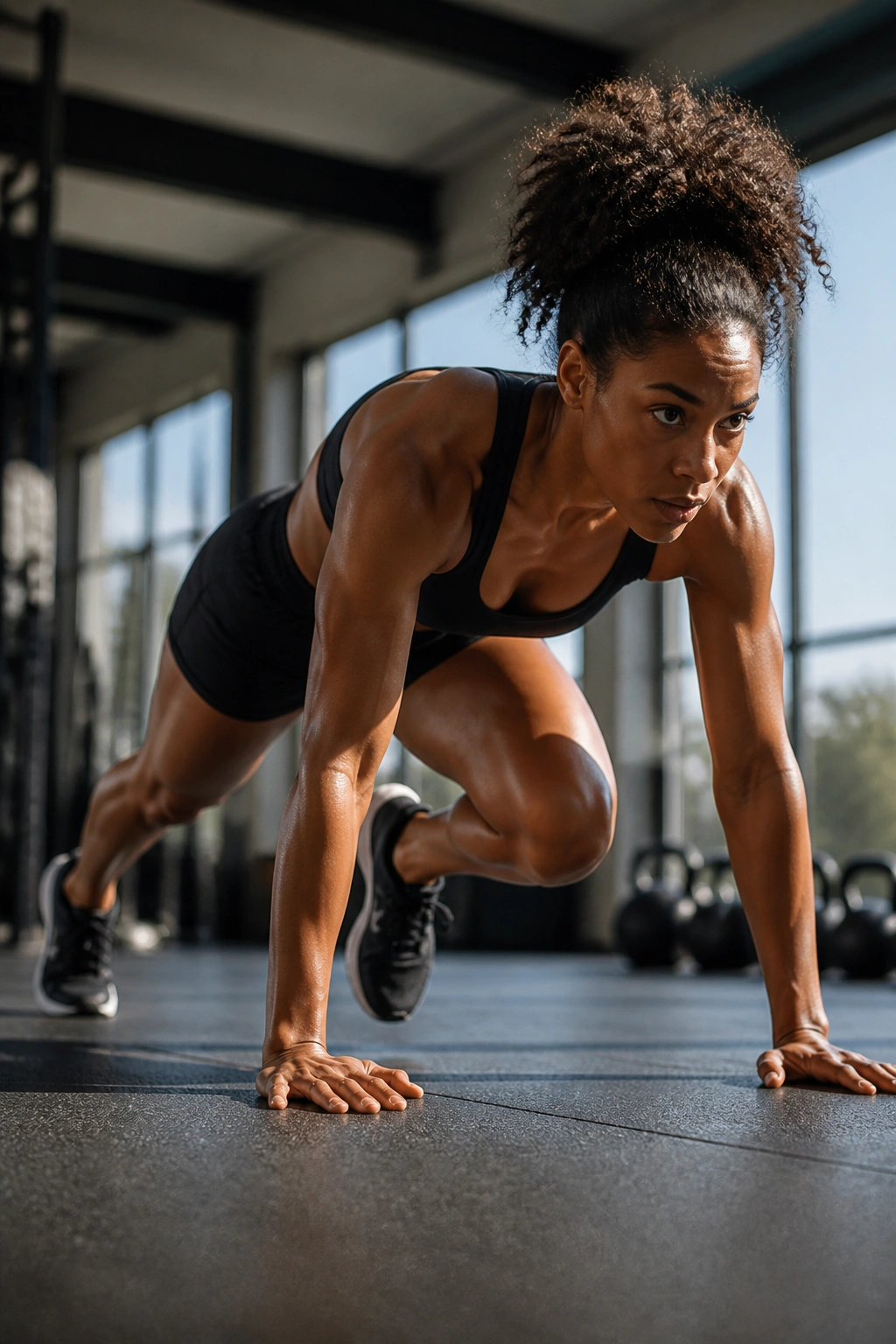 Athletic core drill like mountain climbers in a modern gym