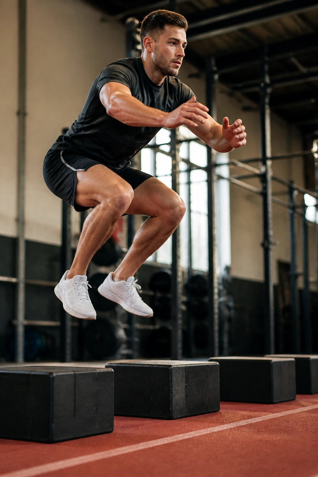 Athlete performing plyometric jump in gym