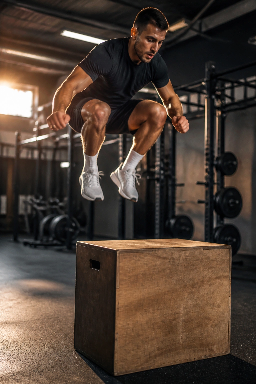 Person performing a box jump in a gym for power month