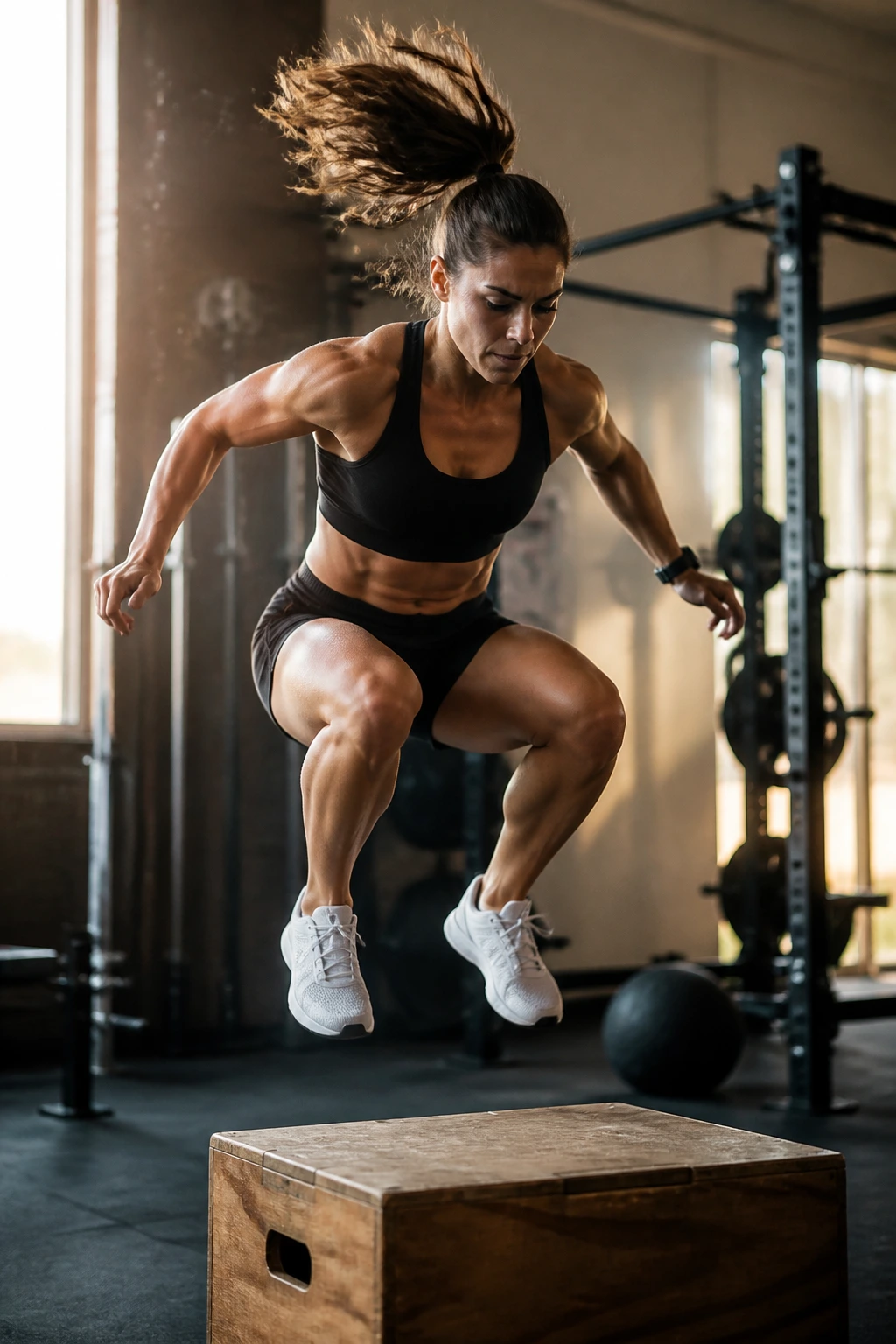 Close-up of a female athlete performing a box jump in a gym for athletic power training