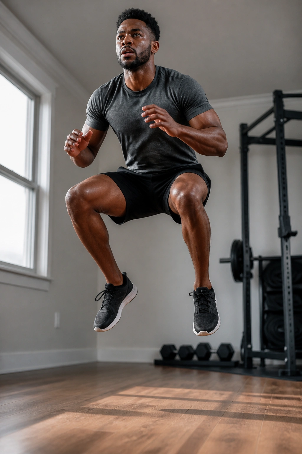 Athlete mid squat jump in a home gym