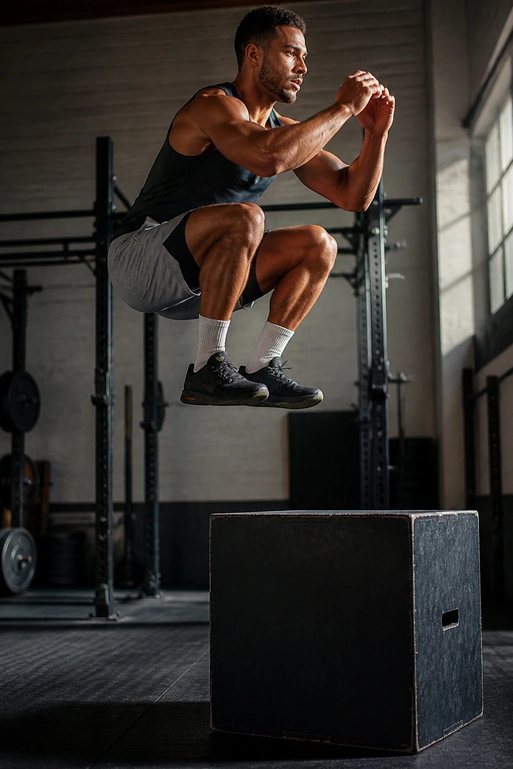 Athlete performing explosive box jump in gym