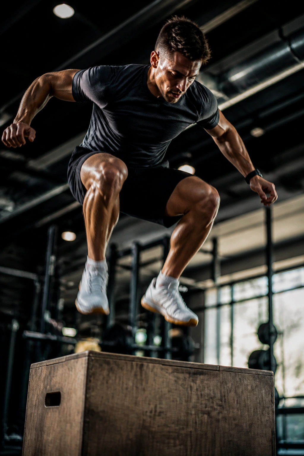 Athlete performing explosive jump in gym showing power