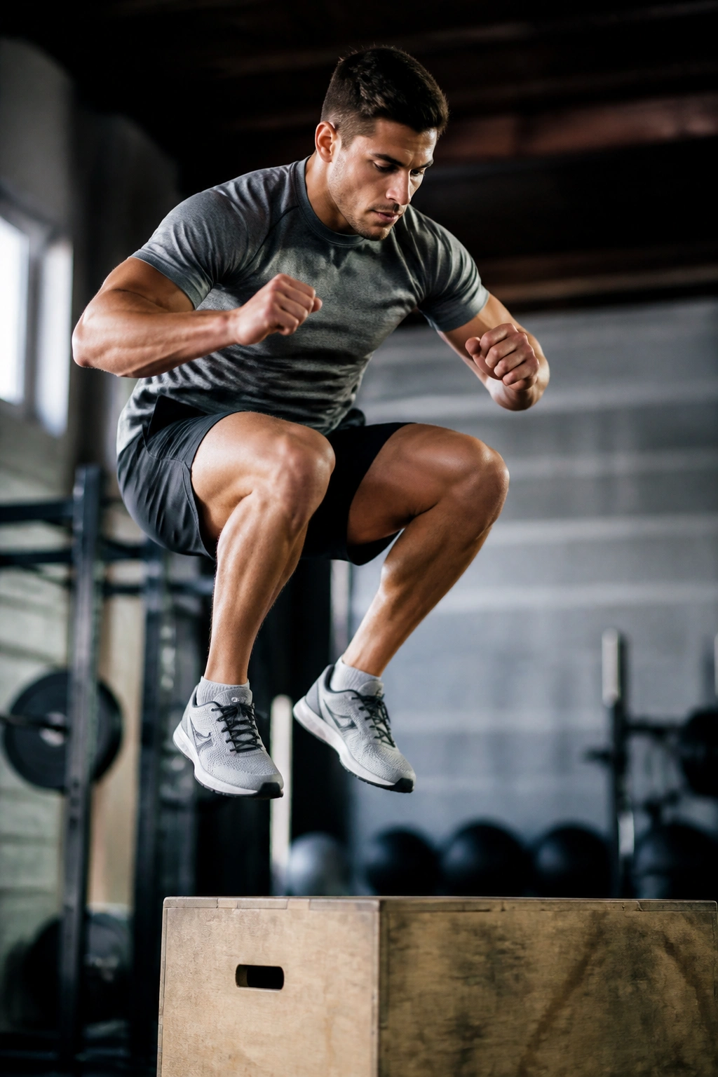 Athlete performing a box jump in a gym