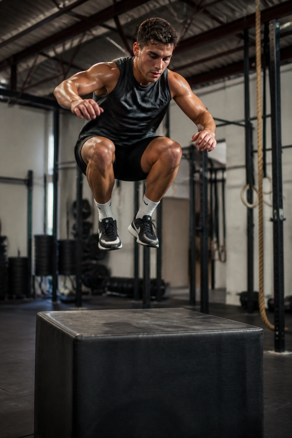 Medium close-up of athlete performing box jump for power training