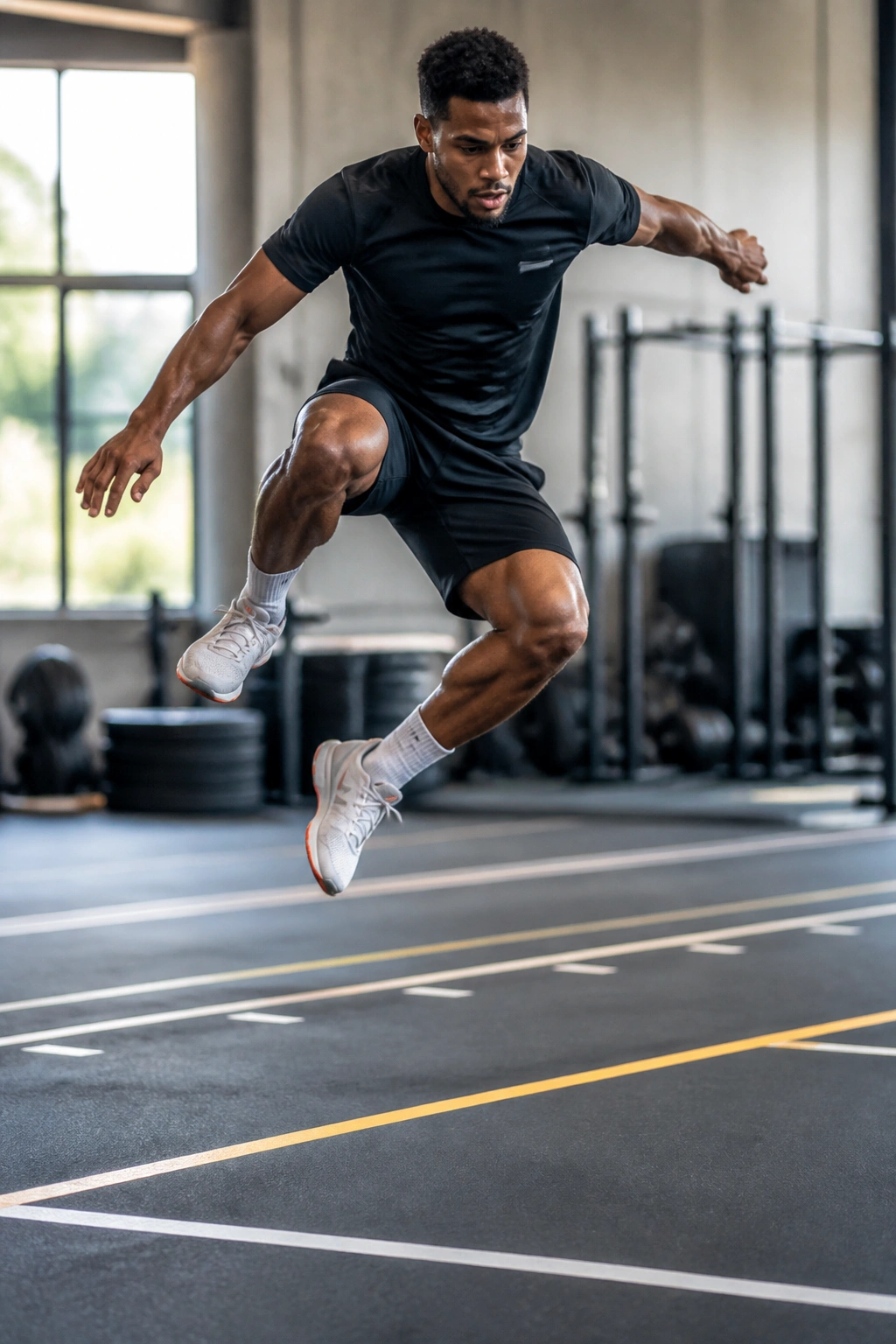 Athlete performing a plyometric drill to improve speed and jumping in a gym