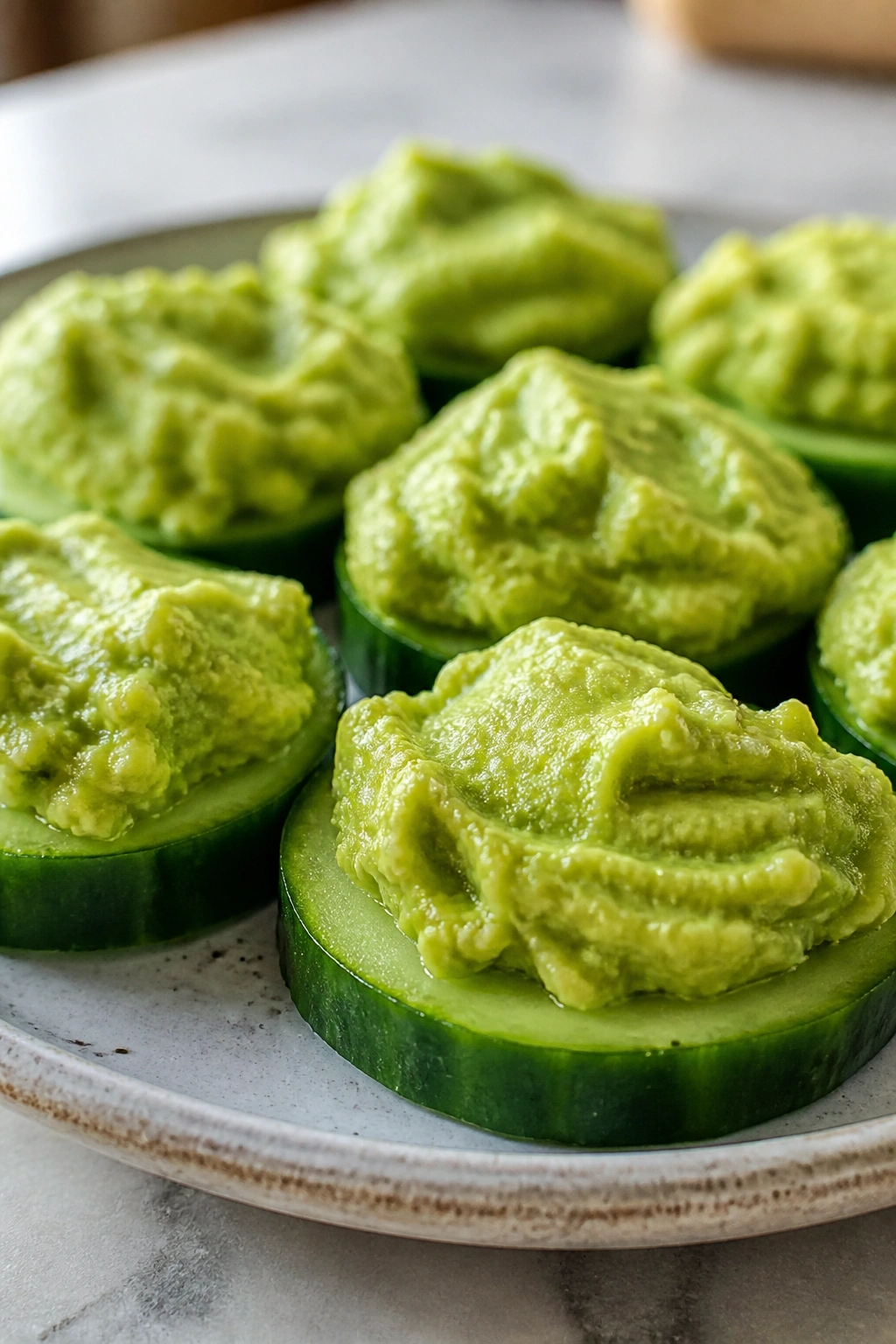 Close-up of avocado on cucumber rounds on a plate