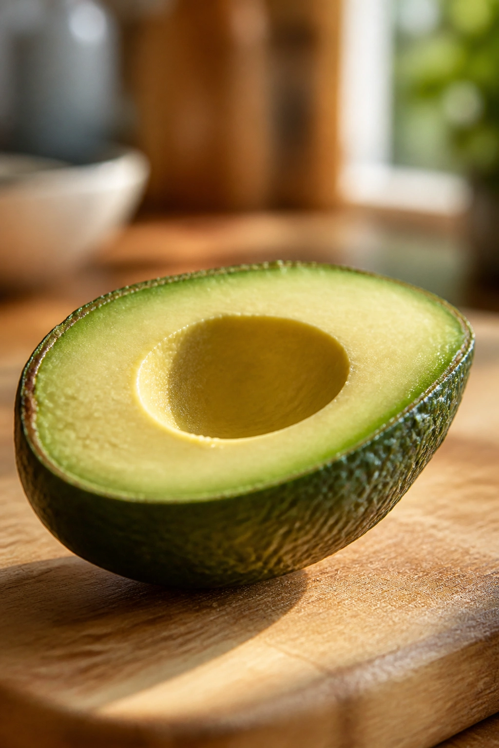 Close-up of halved avocado with bright green flesh on a wooden board