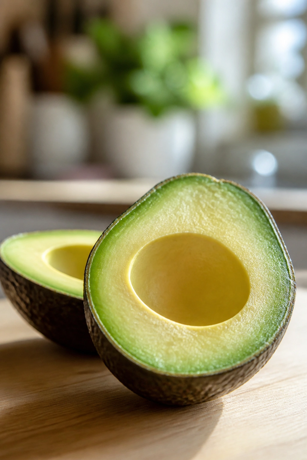 Close-up halved avocado with bright green flesh