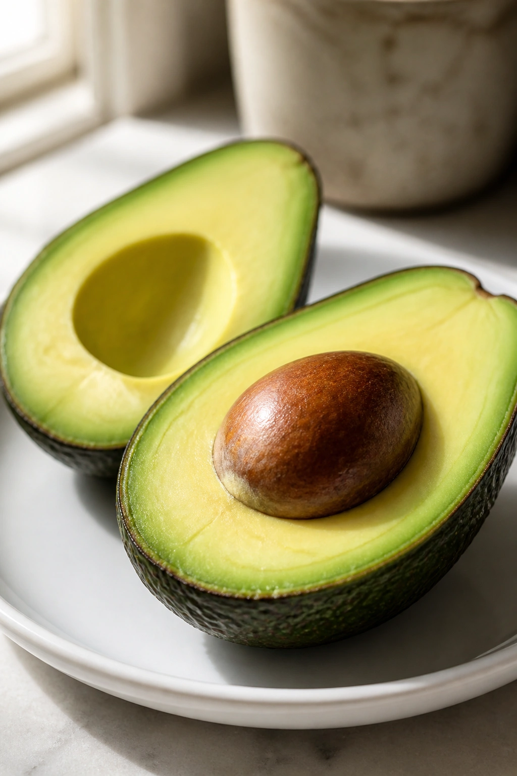 Close-up of ripe avocado halves on a plate in a kitchen