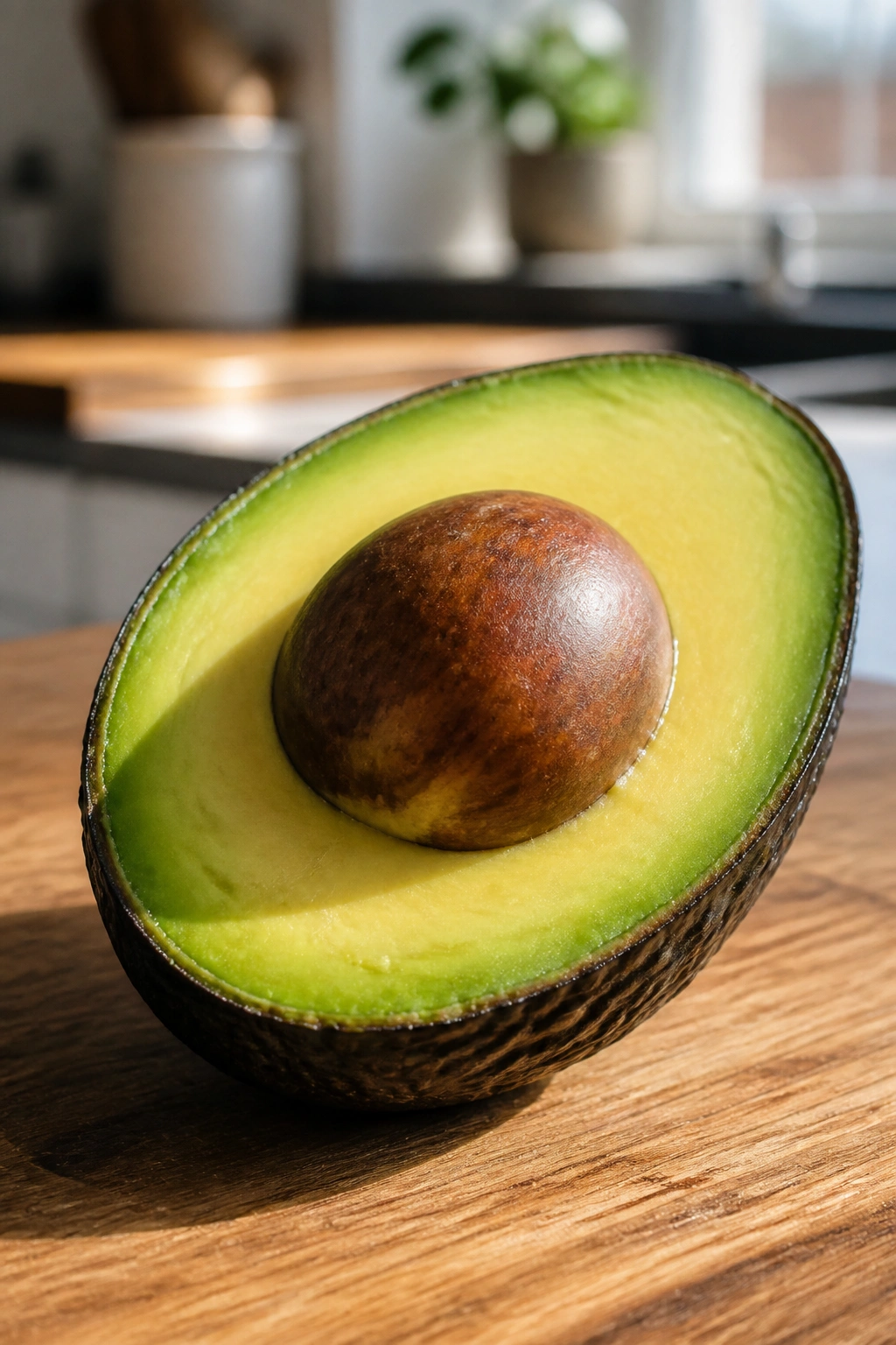 Close-up of half avocado showing green flesh and seed