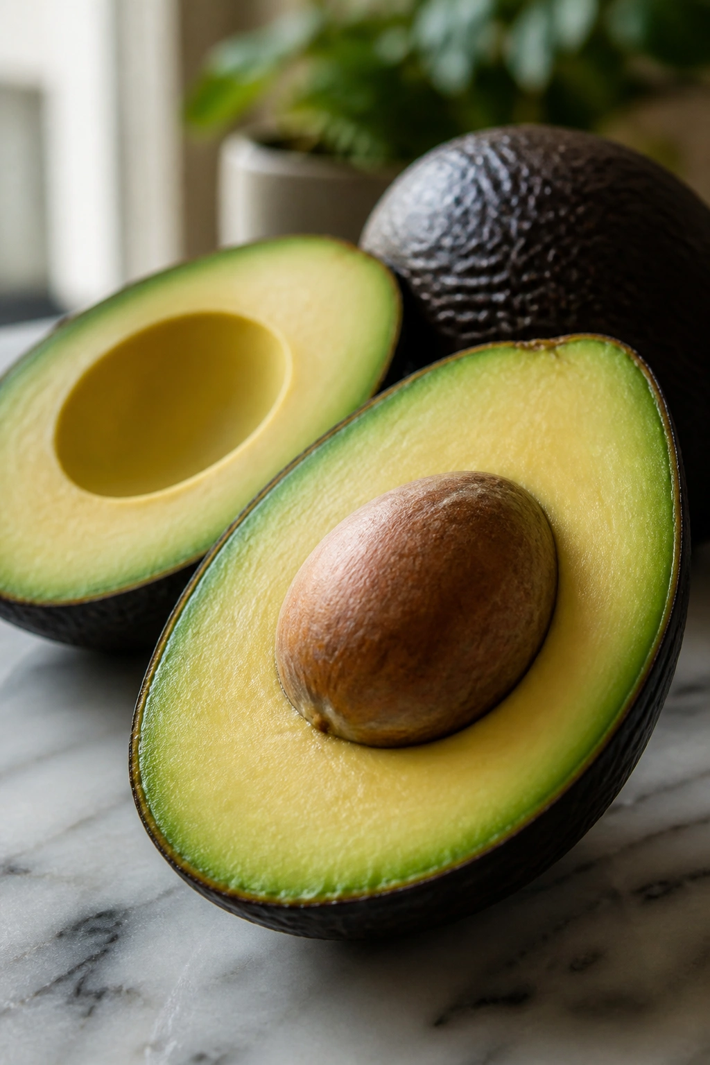 Cross-section of ripe avocado showing green flesh