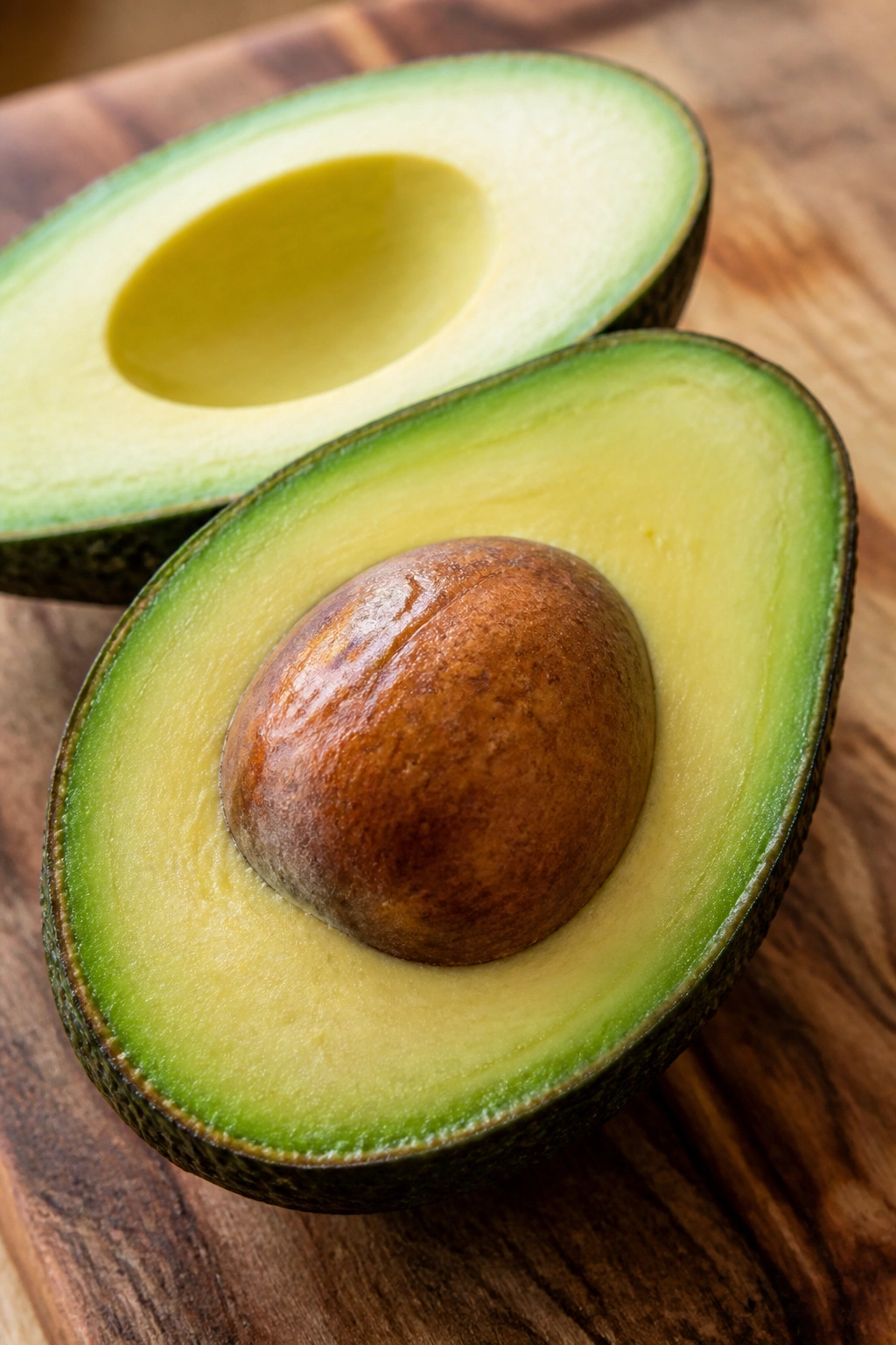 Close-up of halved avocado showing green flesh on wooden board