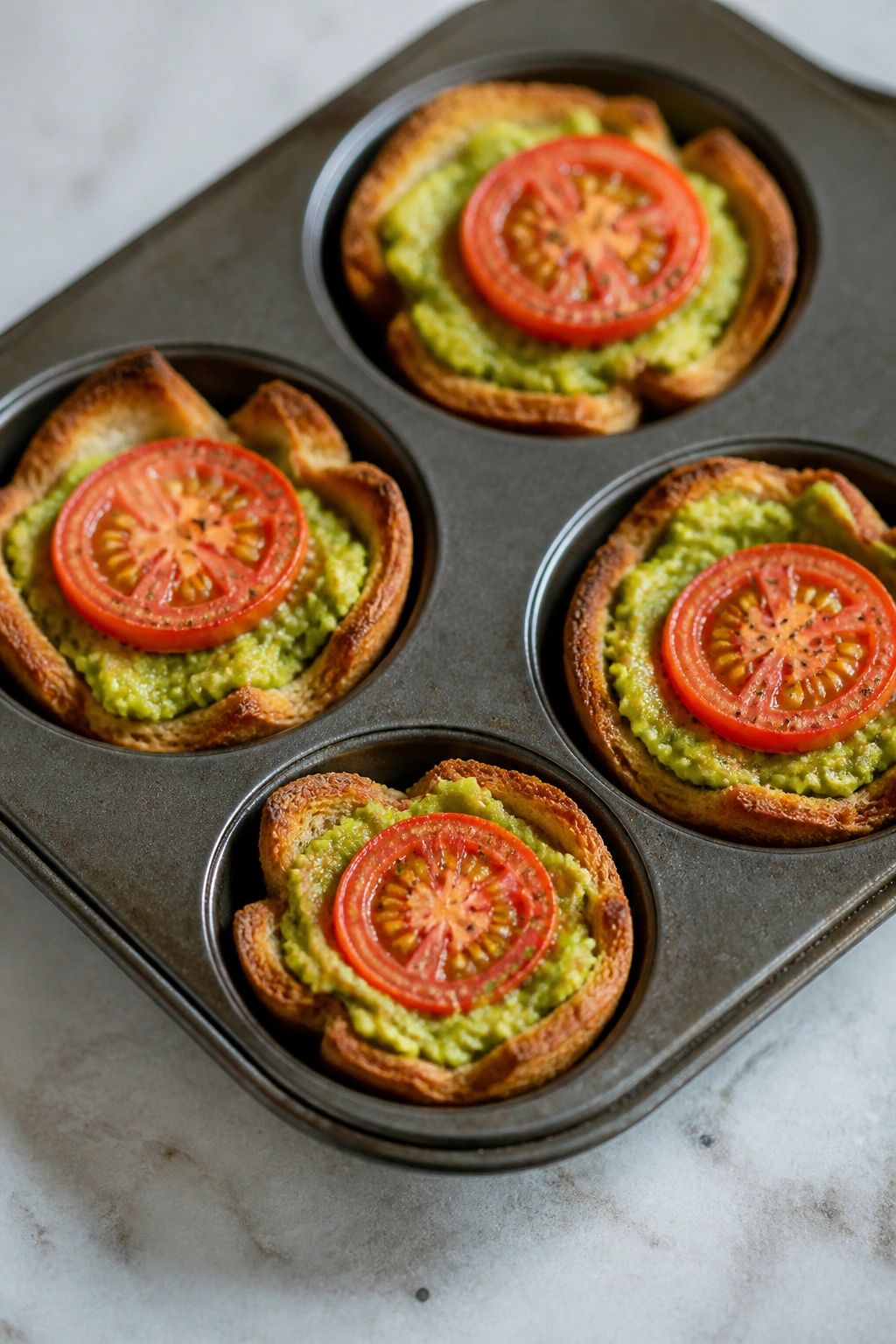 Four avocado toast cups in a muffin tin topped with tomato slices
