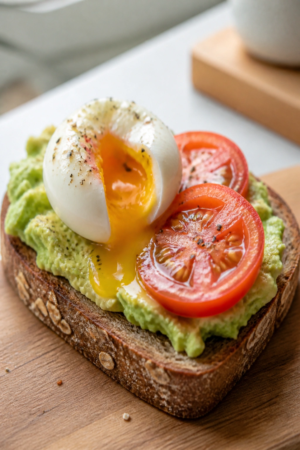 Avocado toast with soft egg and tomato on a wooden board