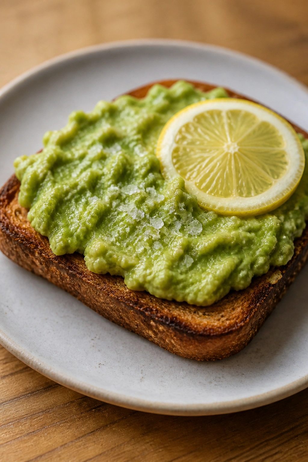 Toast slice with avocado mash, lemon slice, and flaky salt