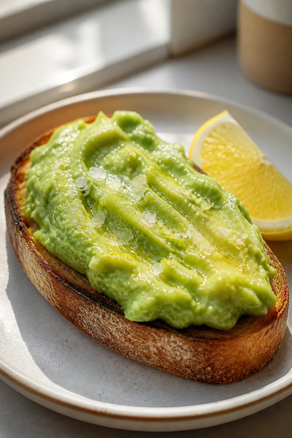Close-up of avocado toast with lemon and flaky salt