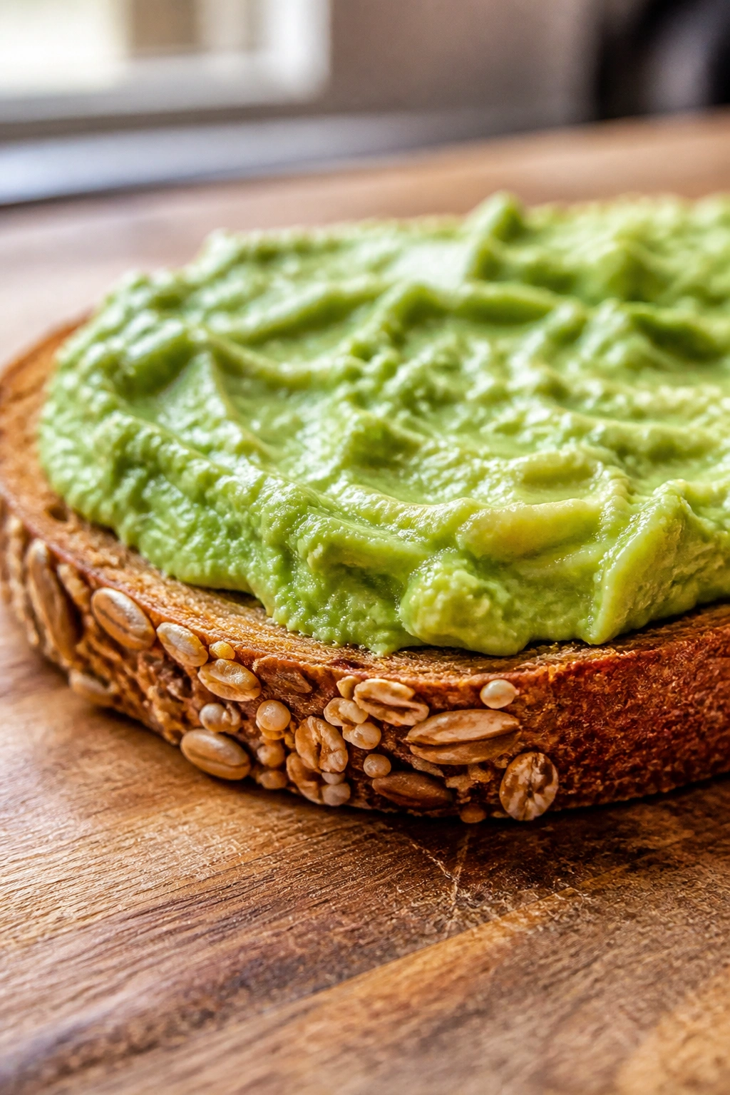 Close-up of avocado toast on sprouted grain bread in warm kitchen light