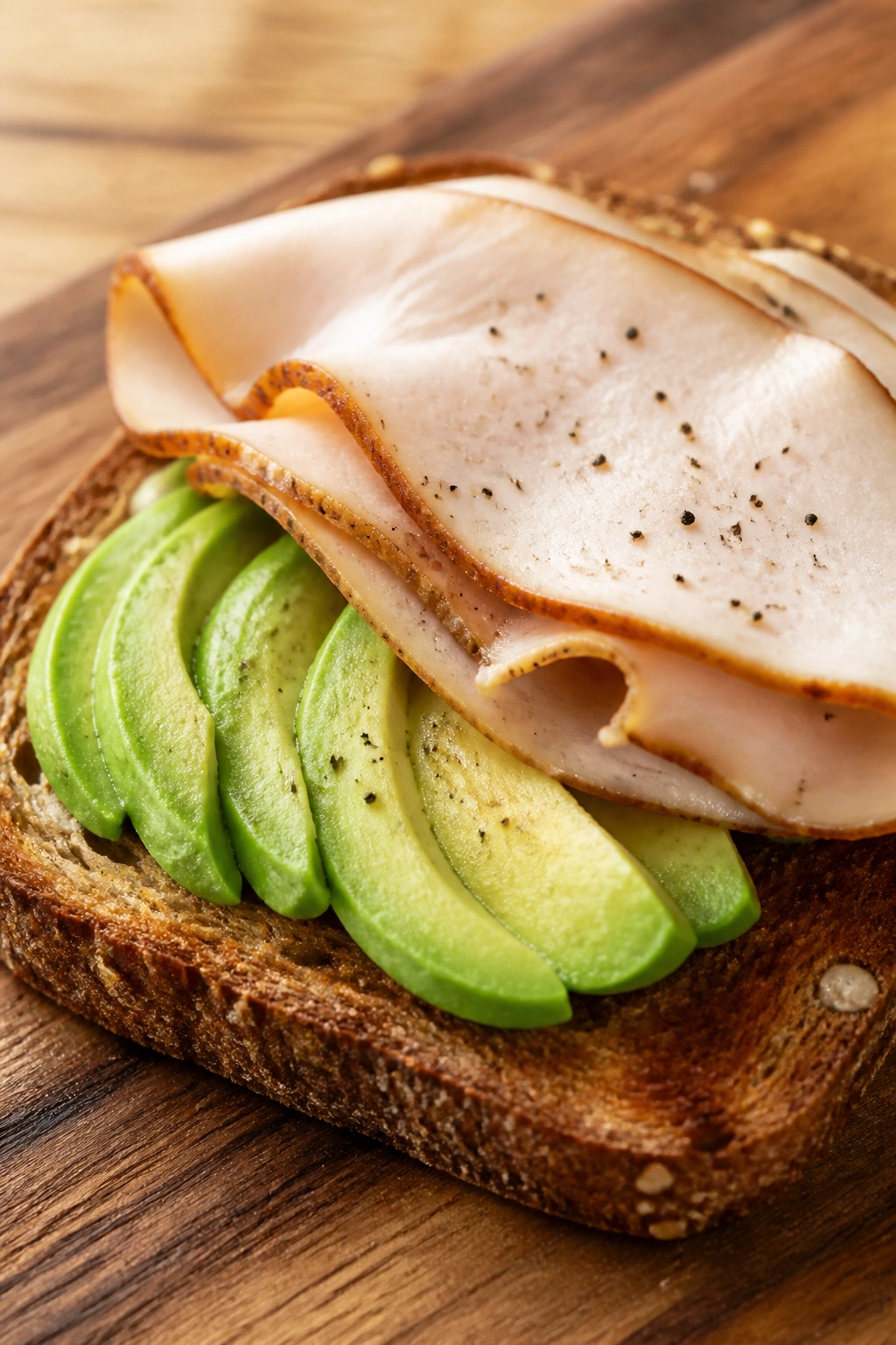 Close-up of avocado and turkey on whole-grain toast
