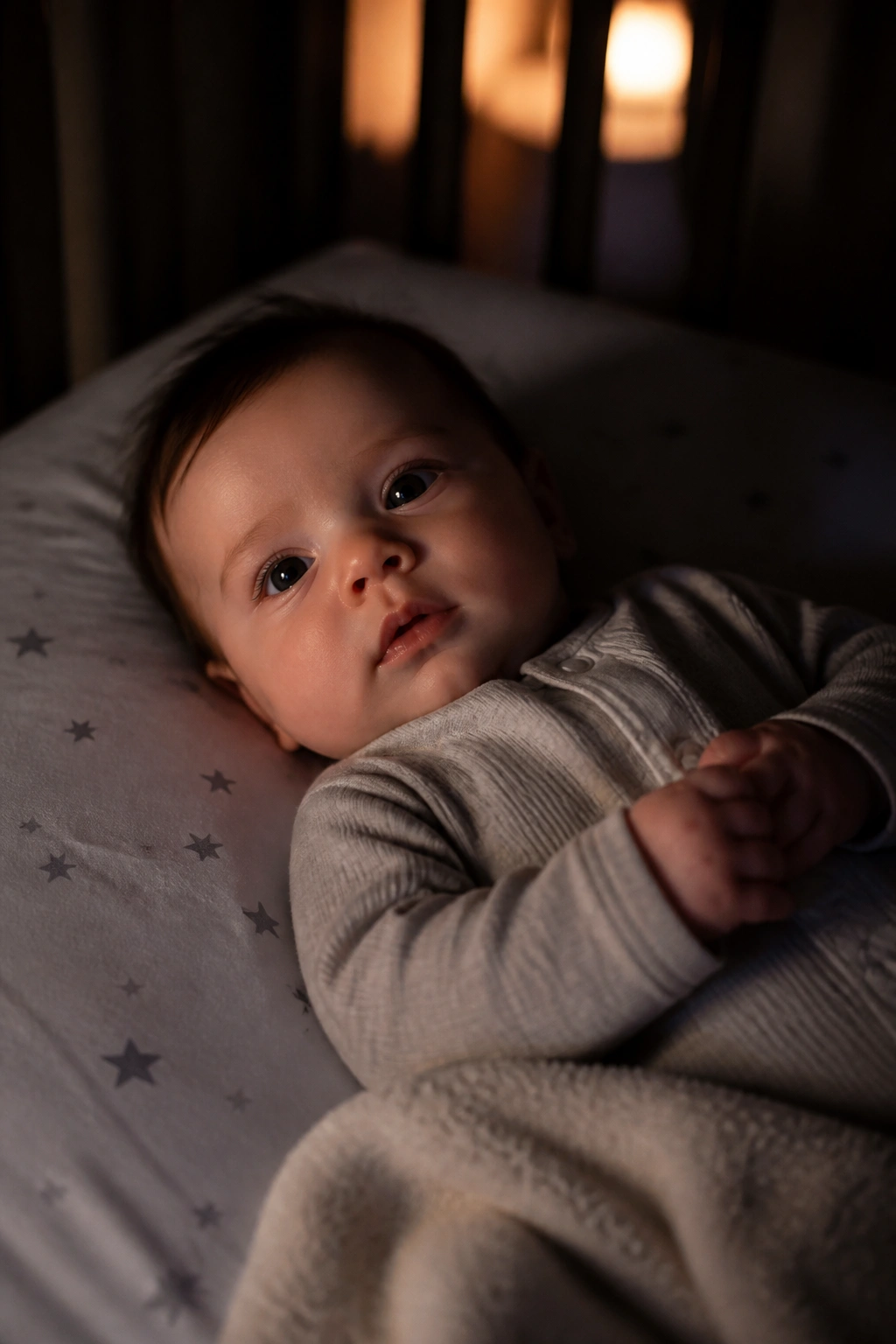 Calm baby in a dark crib during the night with soft lighting