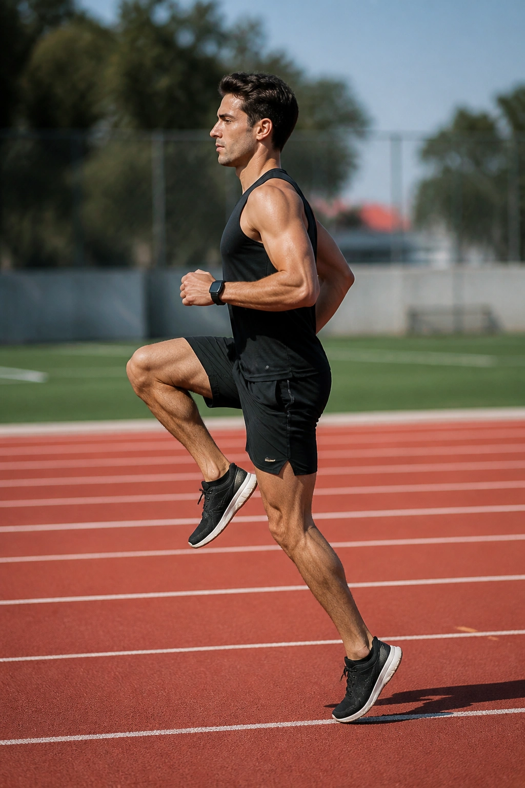 Athlete performing B-skip drill with leg extension and quick foot recovery