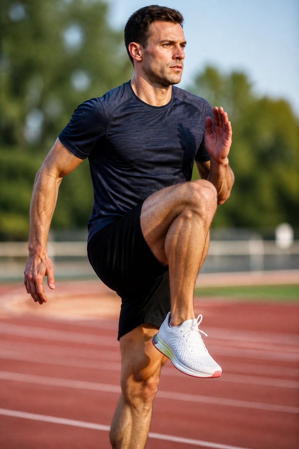 Close-up of a runner performing B-Skips on an outdoor track, showing frontside pull.