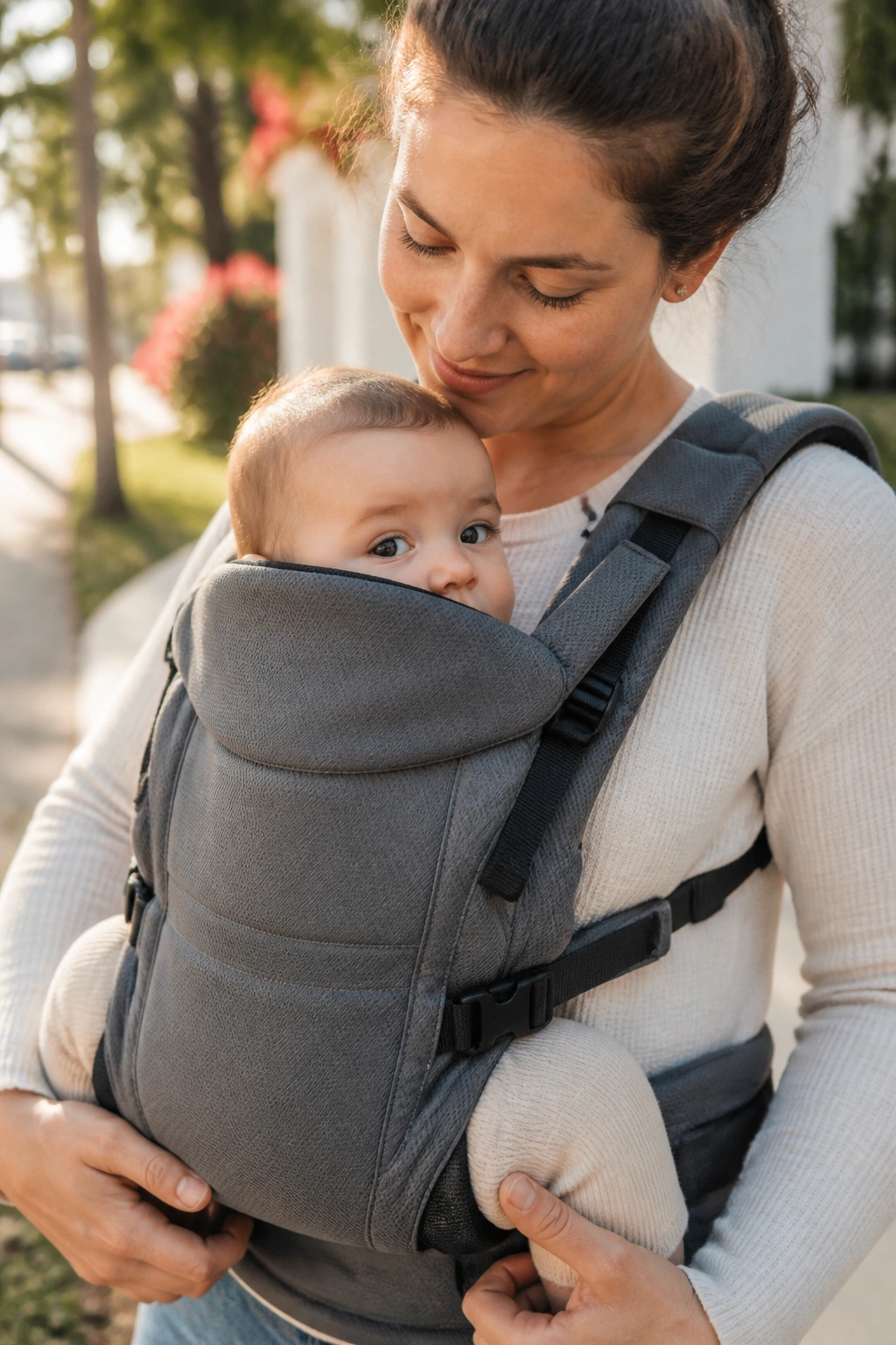 Mom wearing a hands-free baby carrier outdoors