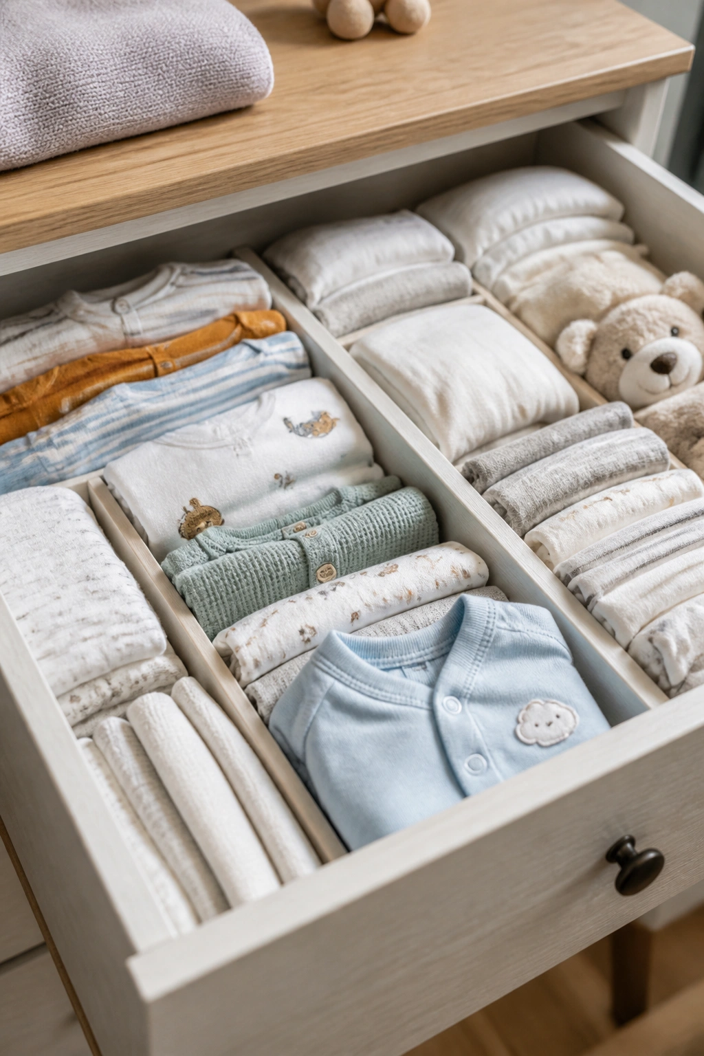 Open dresser drawer with neatly folded baby clothes organized by size and daily use