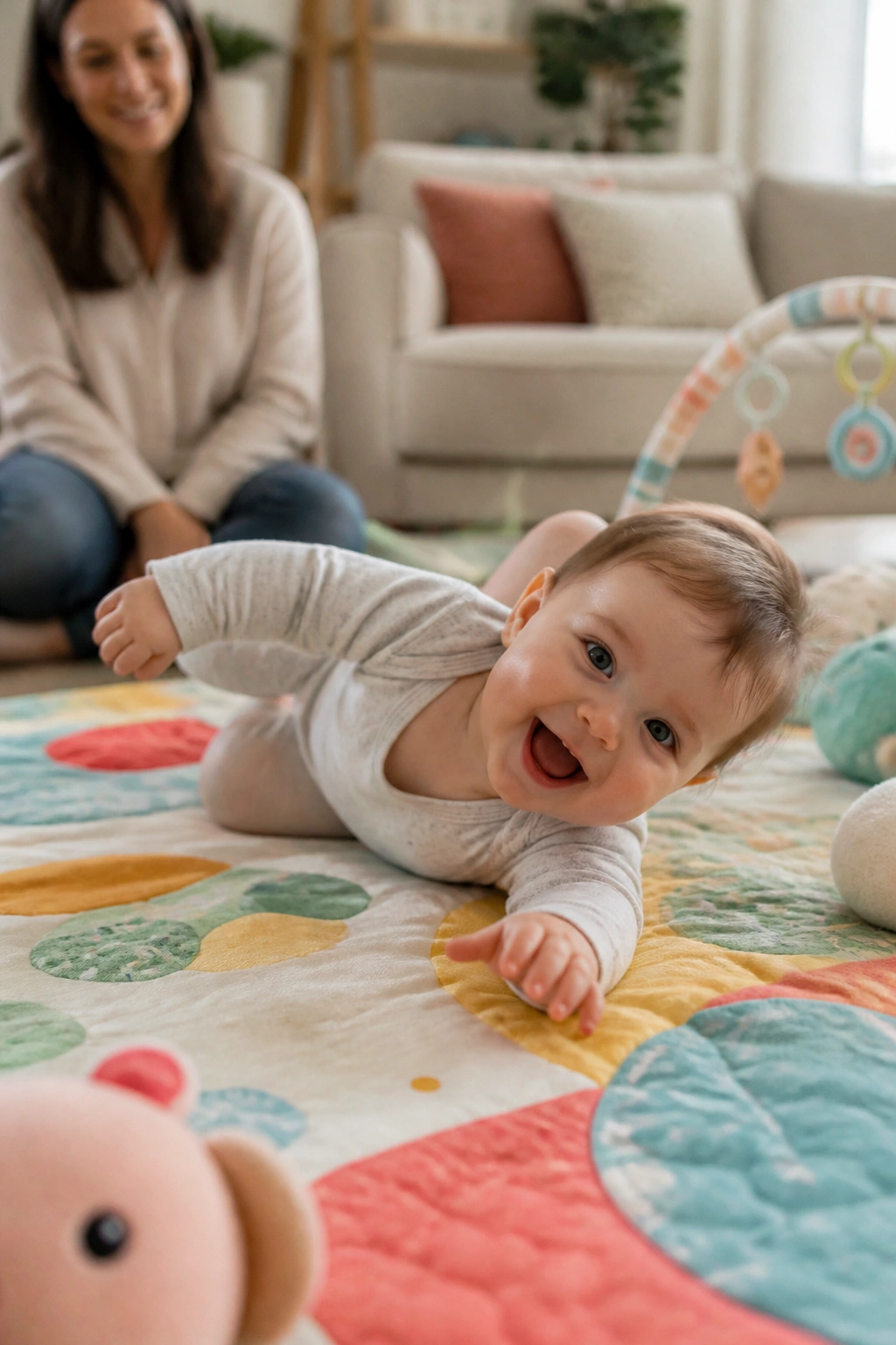 Baby on a play mat practicing rolling and sitting with caregiver supervising nearby
