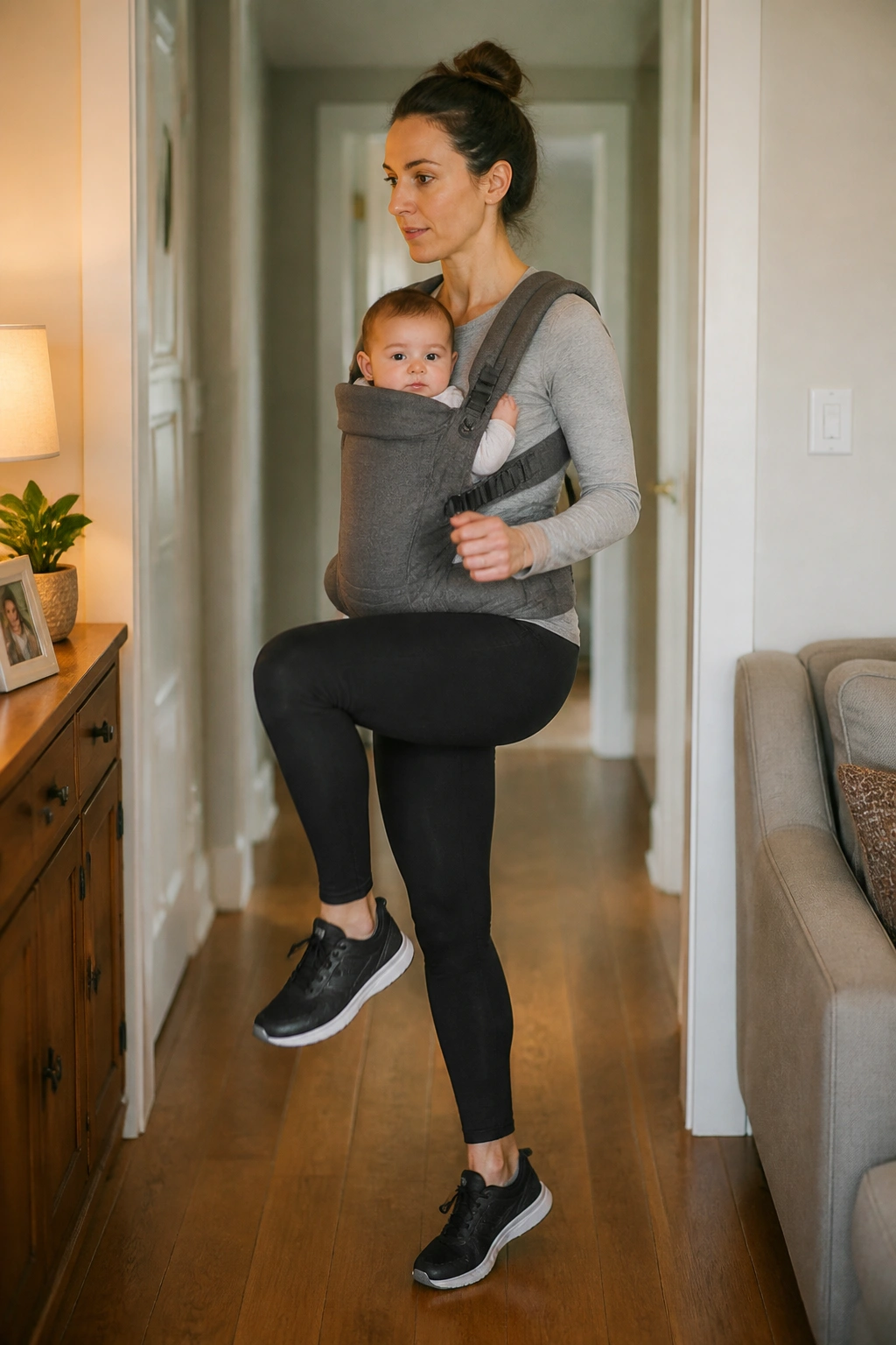 Mom wearing a baby carrier and marching in a hallway for posture resets