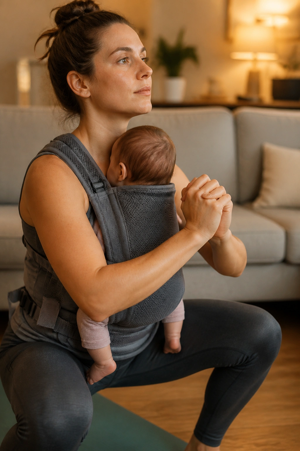 Parent in babywearing carrier performing squats indoors