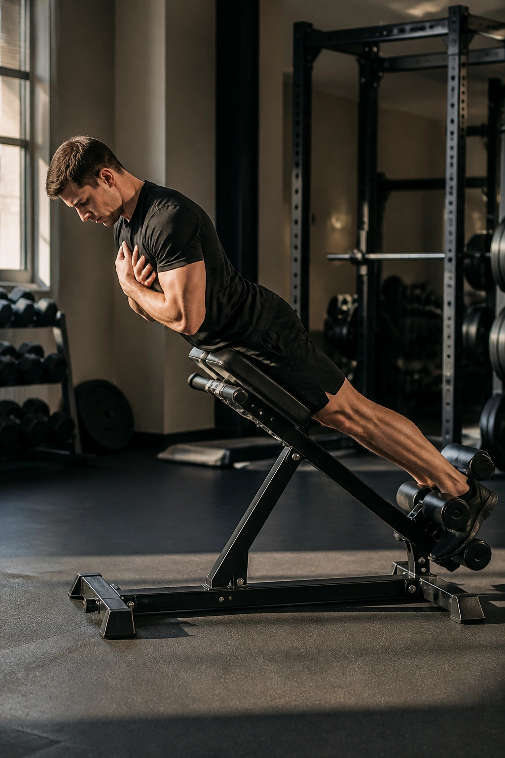 Side view of a person on a back extension bench maintaining a straight head-to-toe line
