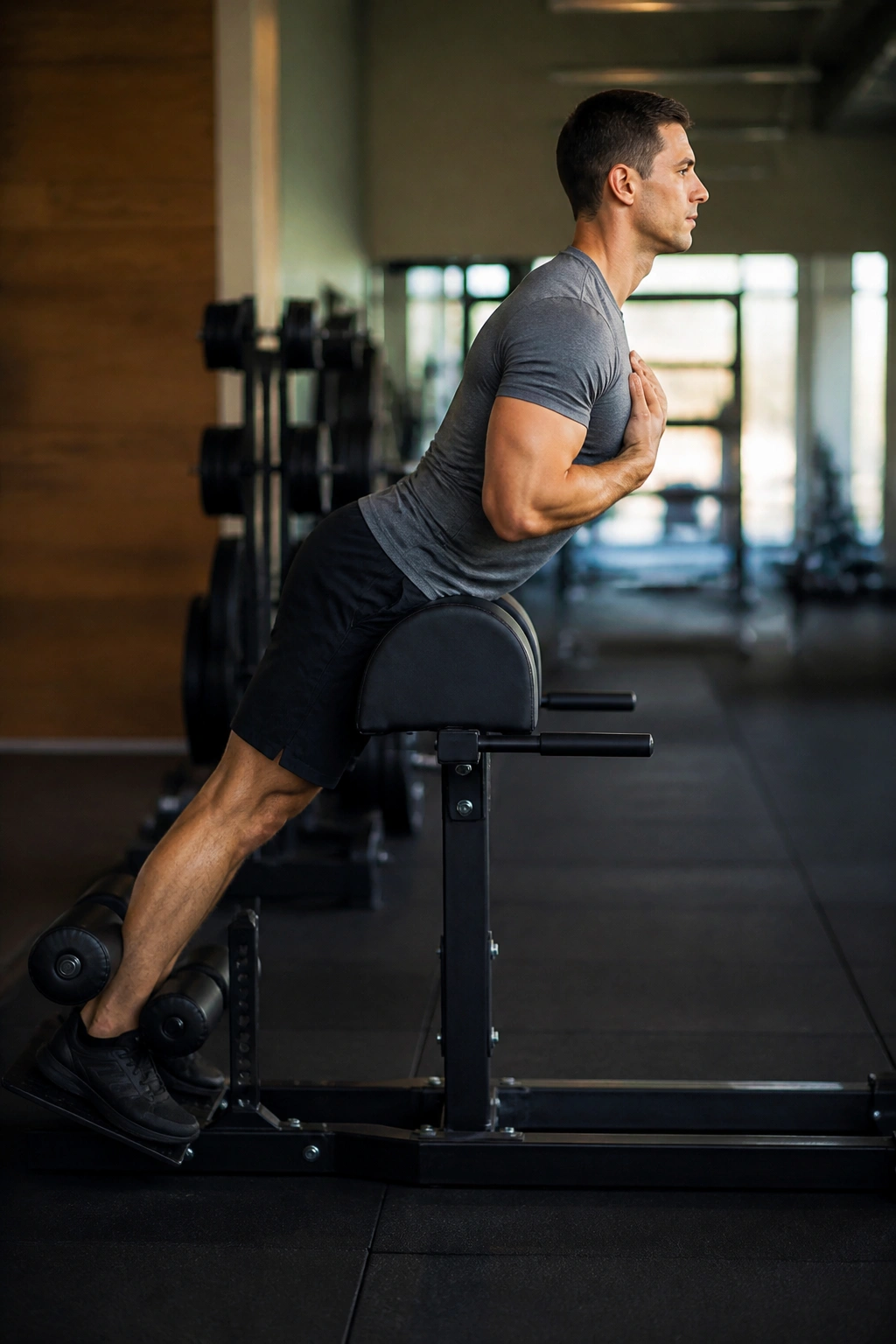 Person performing back extensions on a Roman chair in gym