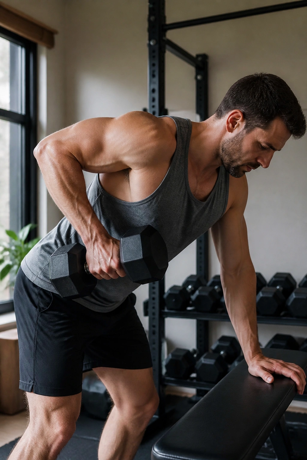 One-arm dumbbell row focusing on back and shoulder engagement