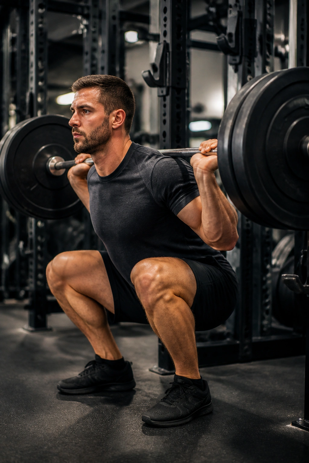Person performing back squat with barbell on upper back in gym