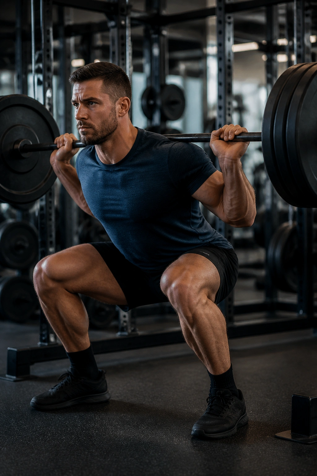 Lifter performing back squat with barbell in gym