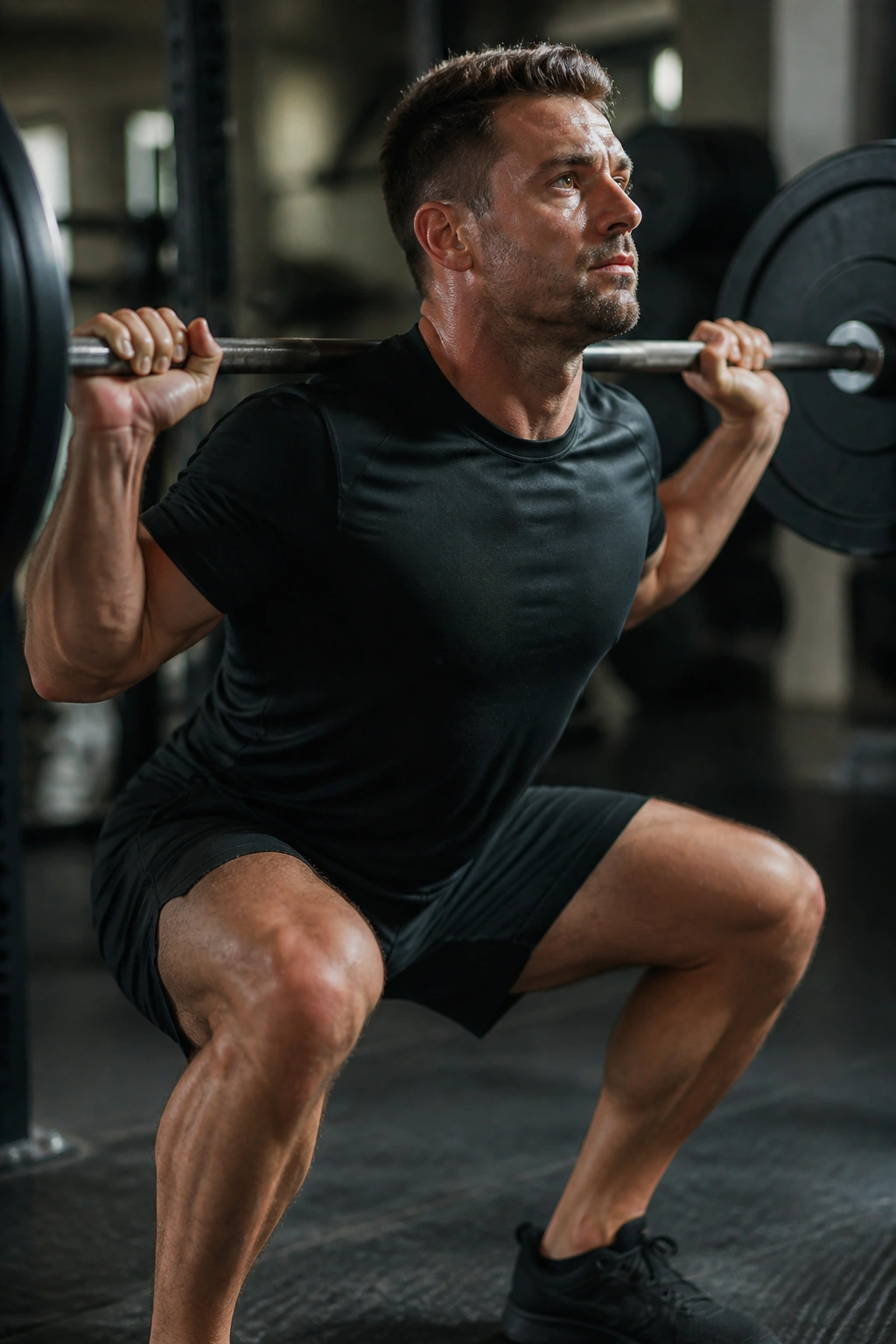 Athlete performing a back squat in a gym, barbell on shoulders, focused pose