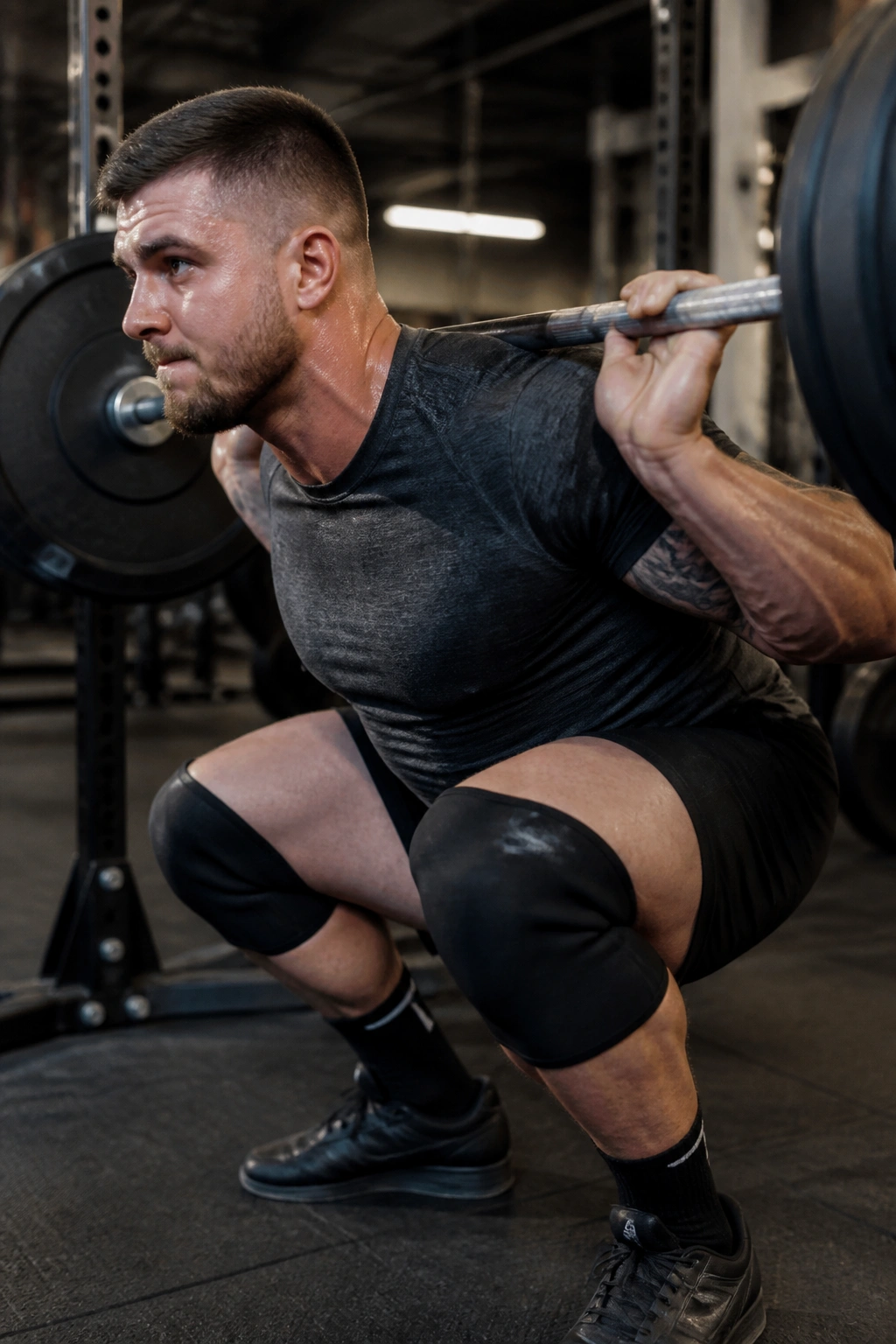 Close-up of a lifter performing a back squat with bar on traps in a gym