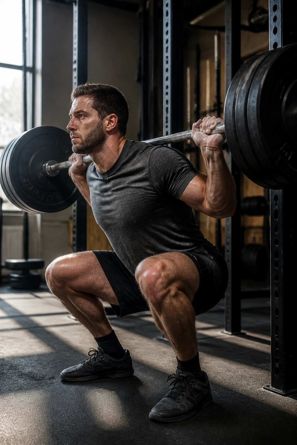 Lifter in a back squat with a barbell during weekly anchor workout in a gym